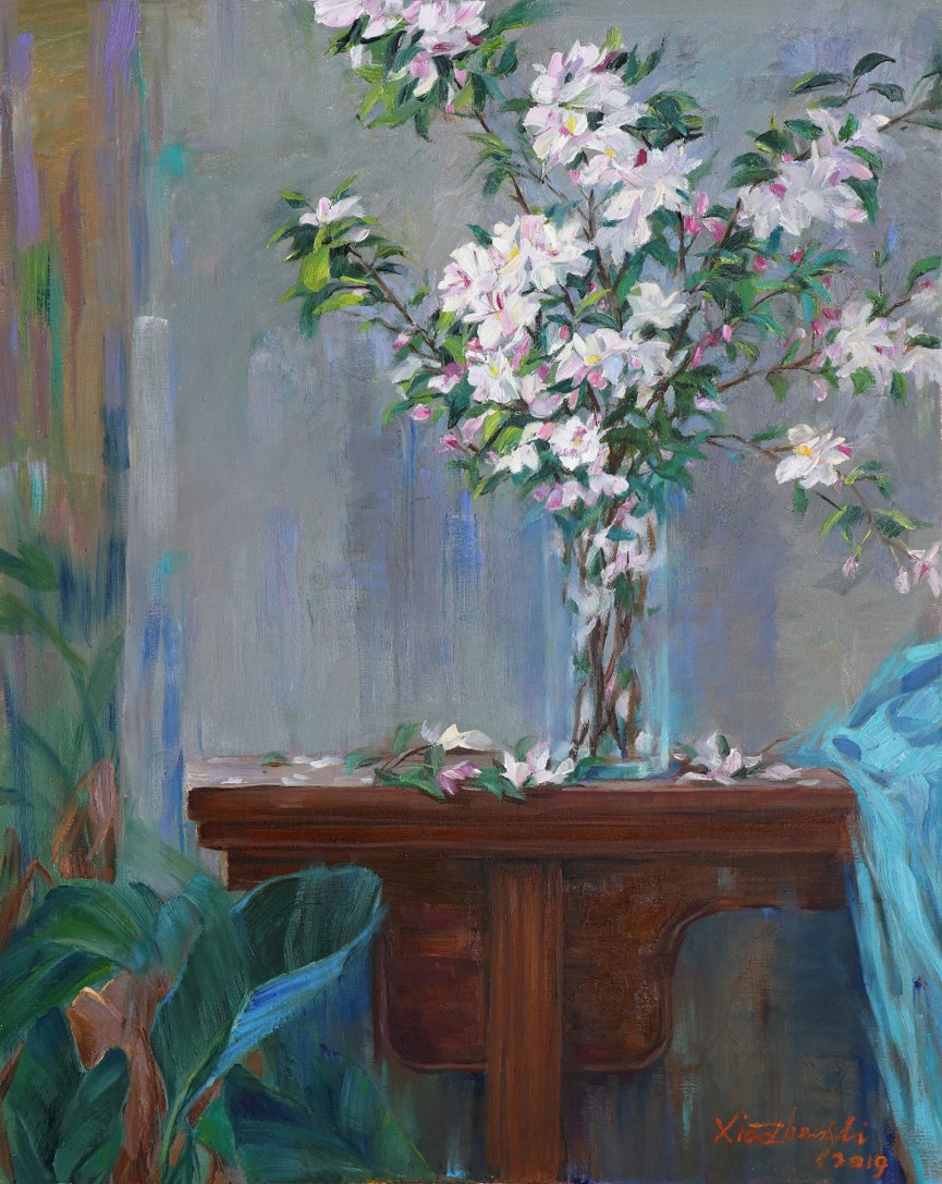 painting Purple elm narrow table and Begonia flowers 100×80cm
