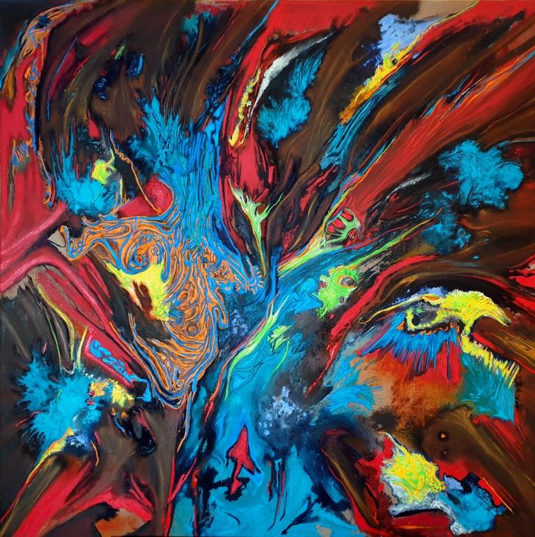 Carnival in color-Acrylic & oil mix media on canvas100X100 cm artist Dorit Ruff