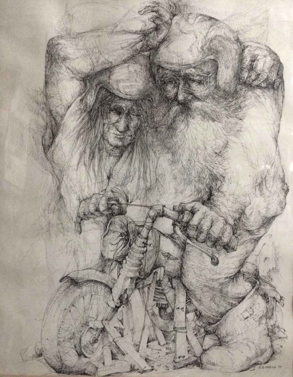 "my wife, myself and the motorcycle", pen and ink drawing, 70X100 cm